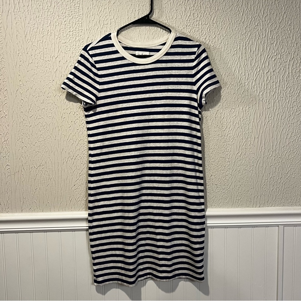 Lou & Grey Navy White Striped Short Sleeve linen blend T Shirt Dress size small - Picture 3 of 11